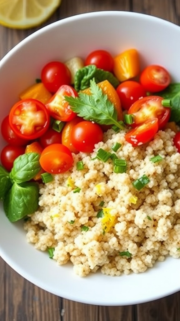 Fluffy microwave quinoa with fresh herbs and colorful vegetables in a bowl.